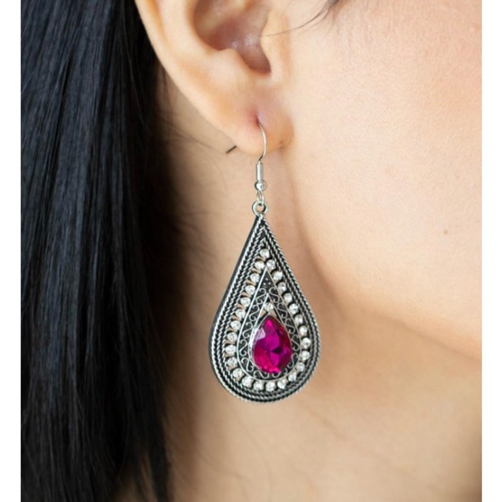 Vibrant Pink Gemstone Silver Teardrop Earrings